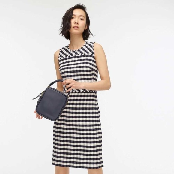 J. Crew Factory Dresses & Skirts - J.Crew Navy White Gingham Tweed Fringe Shift Dress Womens 12 Sleeveless Mini